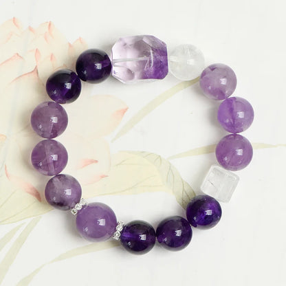 Natural Clear Quartz & Amethyst Crystal Beaded Bracelet (12mm) – Elegant Spiritual Jewelry for Mental Clarity & Intuition Enhancement