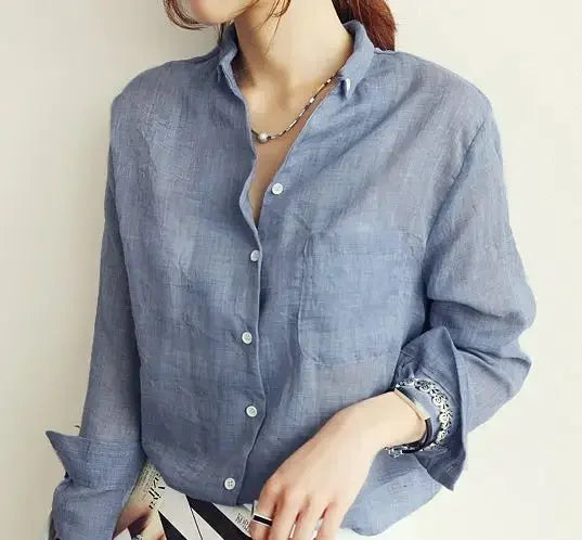 New Fashion Women’s Long Sleeve Cotton Linen Blouse – Lapel Button Cardigan Style, Lightweight Casual Tops for Women & Girls Kelyn