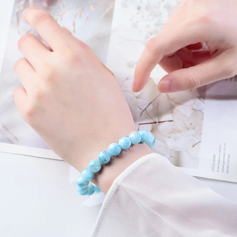 Natural Icy Sea-Pattern Stone Bracelet – Round Beads, Dominica Larimar, Ocean Crystal, and Septaria for Men and Women