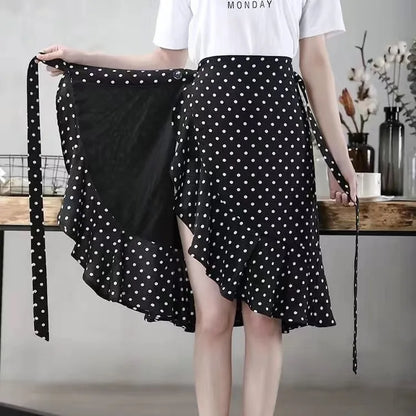 Women Girls Dot Printed Fishtail Skirt Ruffles Irregular Hem Bandage Belt Mermaid Dress Long Skirt