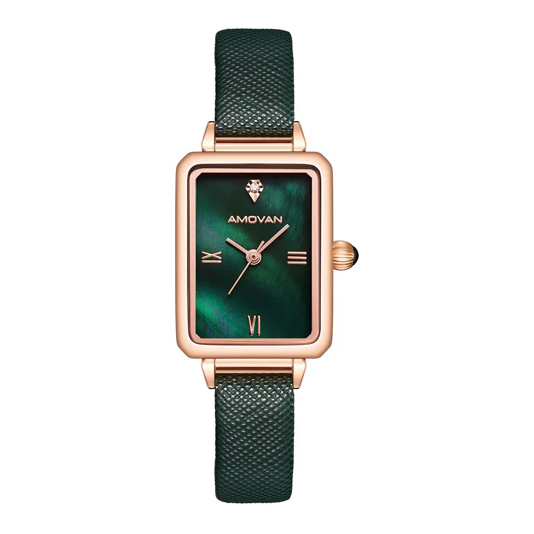 Luxury Retro Green Ladies Watch - Square Case, Minimalist Leather Strap, Seiko Movement Kate