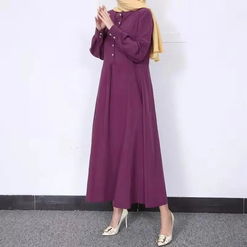 Long Sleeve Retro Ethnic Abaya with Buttons | Elegant Muslim Dress for Women Amira