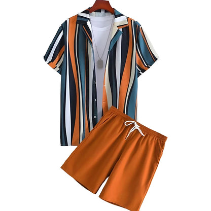 Men's Summer Outdoor Beach Set - Casual Short Sleeve Shirt & Elastic Waist Shorts, 2-Piece Outfit