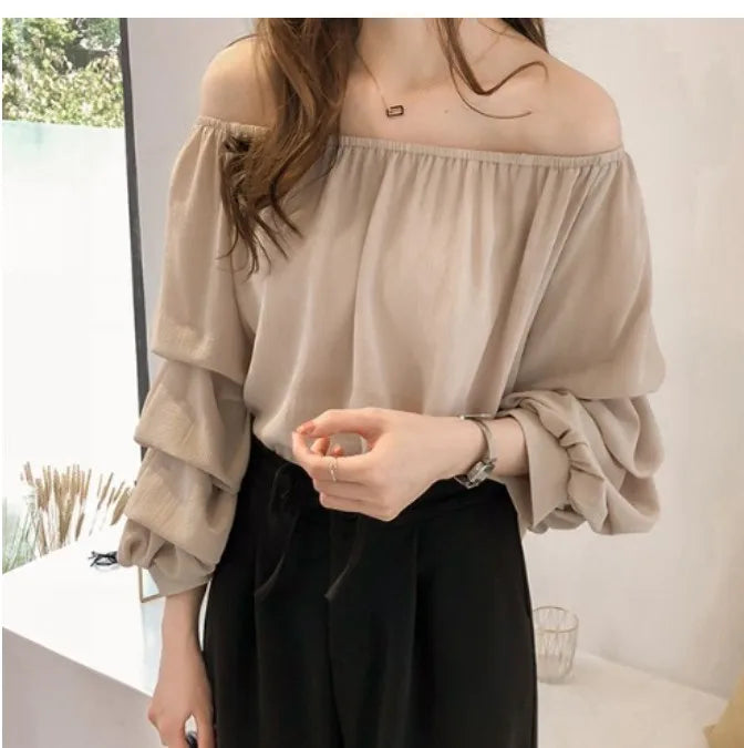 Women's Off-Shoulder Chiffon Blouse - Loose Lantern Sleeve Top Lara