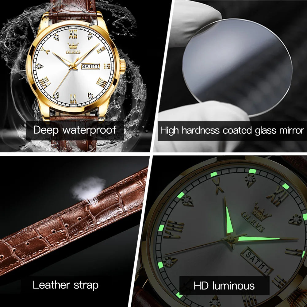 OLEVS 6896 Genuine Leather Quartz Watch – Waterproof Unisex Design with Stylish Dial for Men and Women