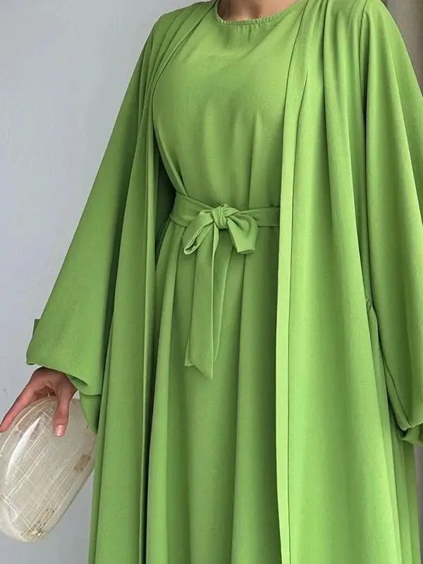 Two-Piece Abaya Set with Long Sleeve Outer & Sleeveless Inner Dress – Dubai & Turkey Style Muslim Nabila