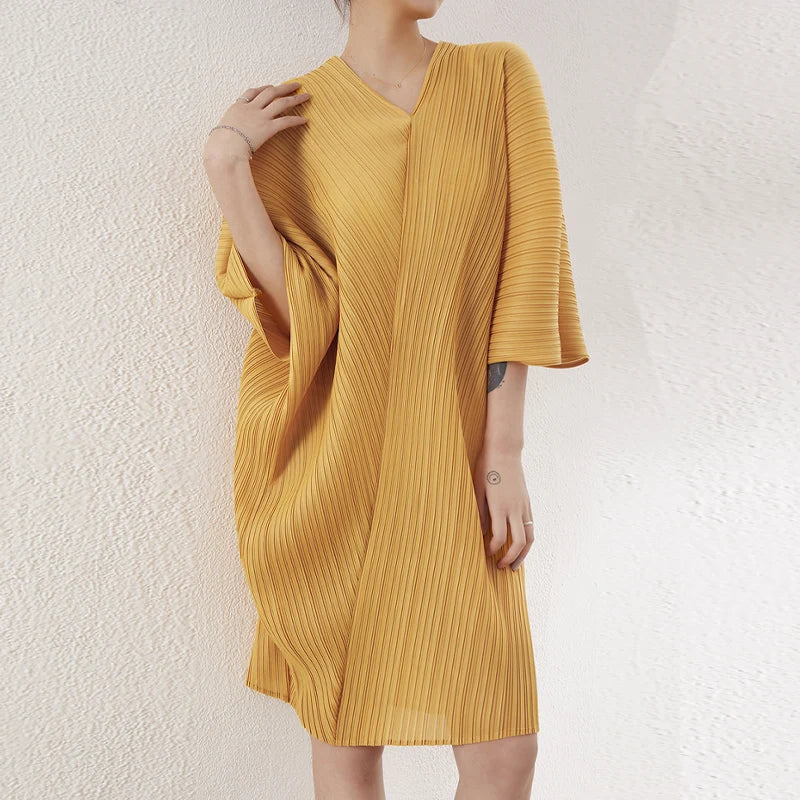 Summer Pleated V-Neck Dress | Miyake Style Mid-Length Loose Fit Plus Size Casual Women's Clothing Stella