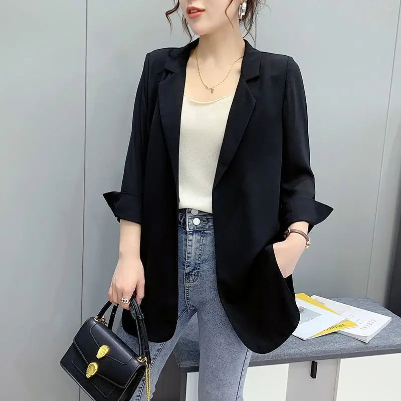 New Women’s Spring & Summer Chiffon Suit Cardigan – Seven Sleeve, Mid-Long Lapel V-Neck Casual Loose Jacket Maribel