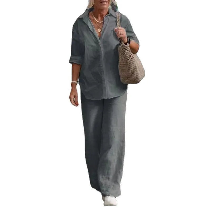 Women Casual Solid Color Pants Wide Leg Set