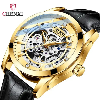 CHENXI 
8821 Men’s Transparent Skeleton Watch – 40mm Automatic Movement, Waterproof Leather Wristwatch