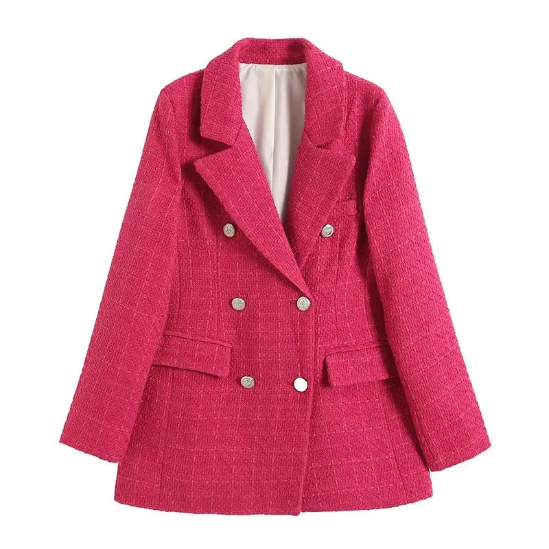 Women's Vintage Houndstooth Blazer Coat - Long Sleeve Double-Breasted Outerwear with Flap Pockets Constantia