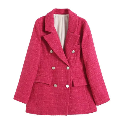 Women's Vintage Houndstooth Blazer Coat - Long Sleeve Double-Breasted Outerwear with Flap Pockets Constantia