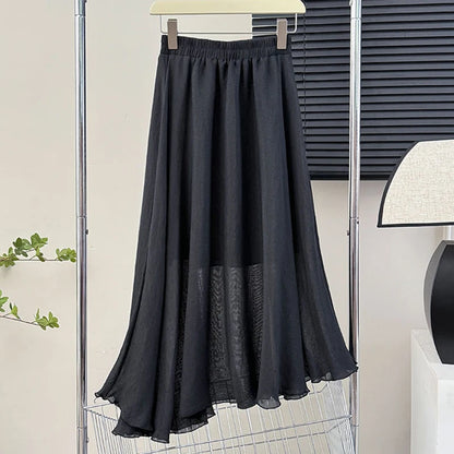 Casual Pleated Long Skirt | Women's High-Waist Solid Color A-Line Korean Fashion Skirt Jamie