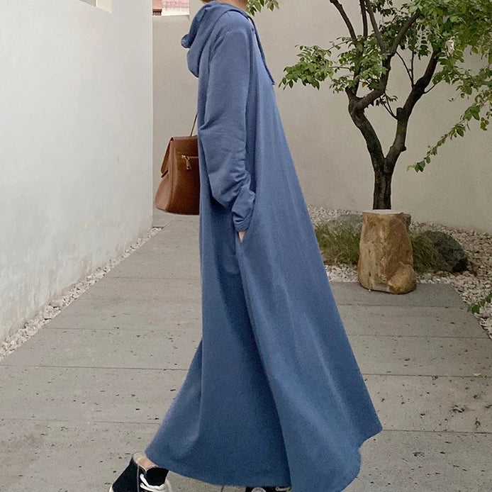 Korean Style Hooded Maxi Dress | Casual Loose Fit Solid Color Swing Dress for Autumn & Winter Candace