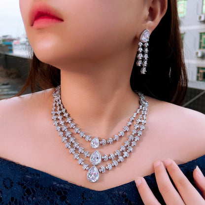 Shiny White Zirconia 3-Layer Water Drop Leaf Necklace & Earrings – Luxury Bridal Wedding Jewelry Set for Women | Party Wear Eleanore