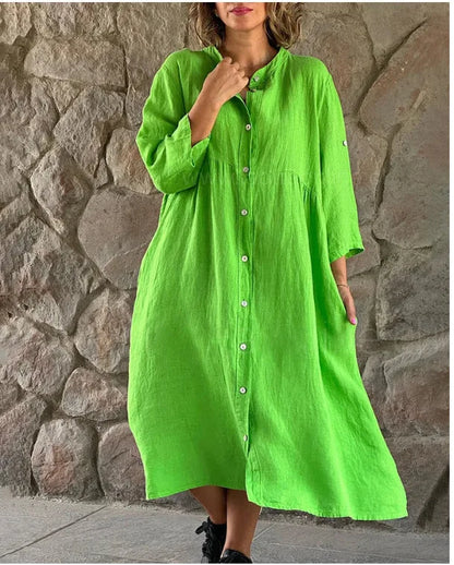 Women Linen Dress Covered Button Stand Neck Long Sleeve Linen Dress High Quality White Linen Dress