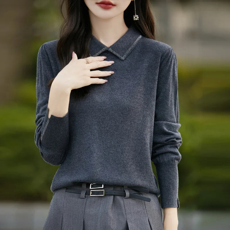 Women’s Autumn Lantern Sleeve Knitted Sweater – Casual Versatile Pullover with Fashion Collar