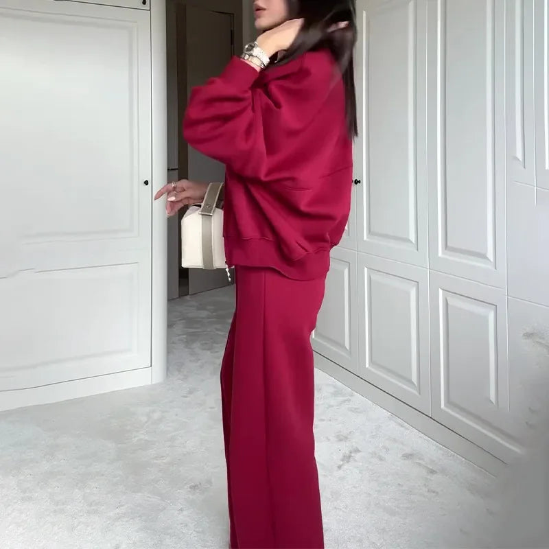 Women's 2-Piece Outfit: O-Neck Long Sleeve Top, Sleeveless Vest, and Wide-Leg Pants Set – Stylish & Versatile Selene
