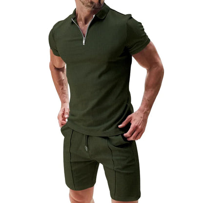 Men's Summer Polo Shirt Set | Solid Color Waffle Short-Sleeve Slim Lapel T-Shirt & Casual Outfit Carlo