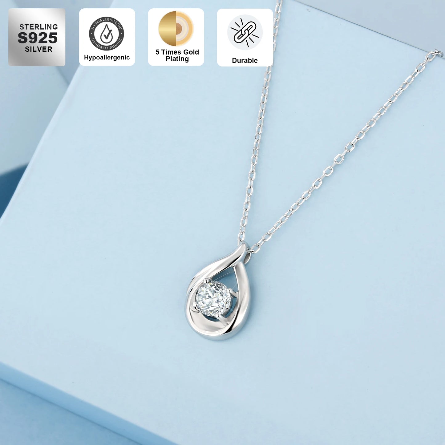 Moissanite Teardrop Pendant Necklace - 925 Sterling Silver White Gold-Plated Waterdrop Jewelry for Women
