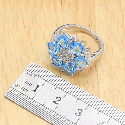925 Sterling Silver Luxury Jewelry Set for Women – Blue Zircon Wedding Bracelet, Earrings, Necklace, Pendant & Ring | Bridal & Birthday Gift Ghislaine