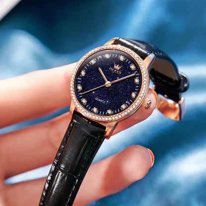 OLEVS 5605 Women’s Quartz Watch | Elegant Leather Strap, Diamond Luminous Dial Katsa