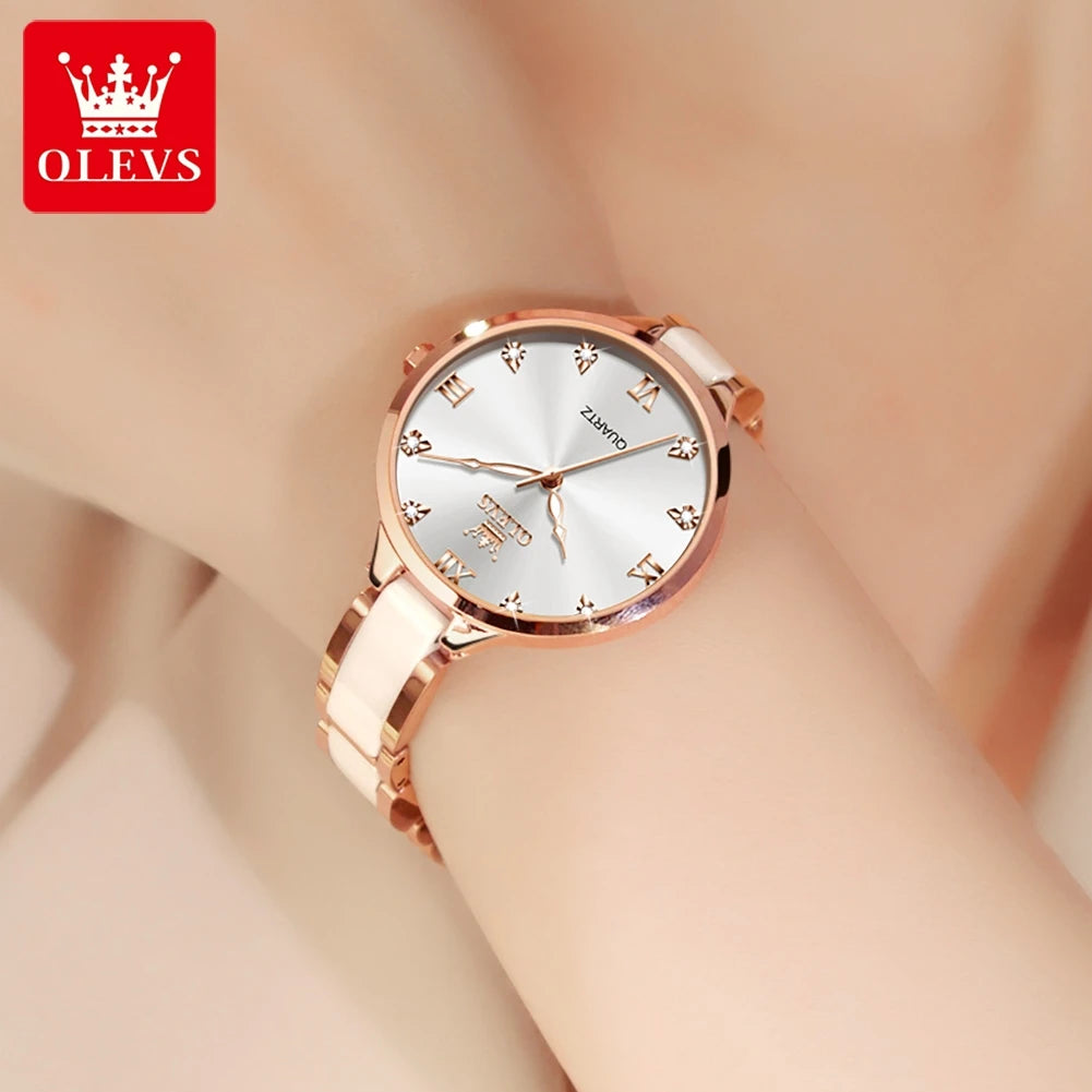 OLEVS 5872 Elegant White Ladies Quartz Watch: Designer Steel Strap Ceramic Business Wristwatch | Stylish & Popular for Sale