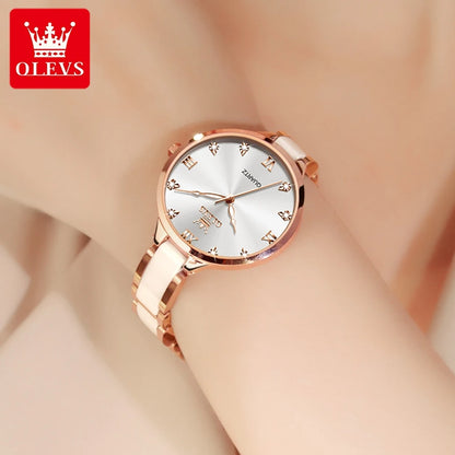 OLEVS 5872 Elegant White Ladies Quartz Watch: Designer Steel Strap Ceramic Business Wristwatch | Stylish & Popular for Sale