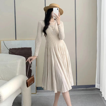 Smocked Dress Casual Slim Fit Long Sleeve Embossed Pleated Elegant Dress