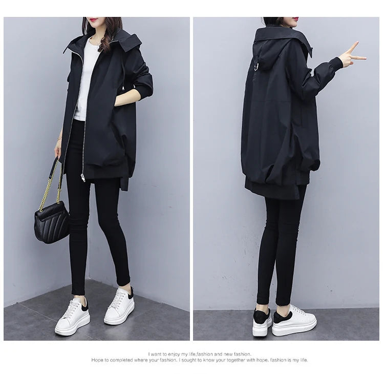 Women's Black Hooded Windbreaker – Mid-Length Casual Korean Style Coat for Spring and Autumn Lyra