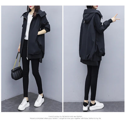 Women's Black Hooded Windbreaker – Mid-Length Casual Korean Style Coat for Spring and Autumn Lyra