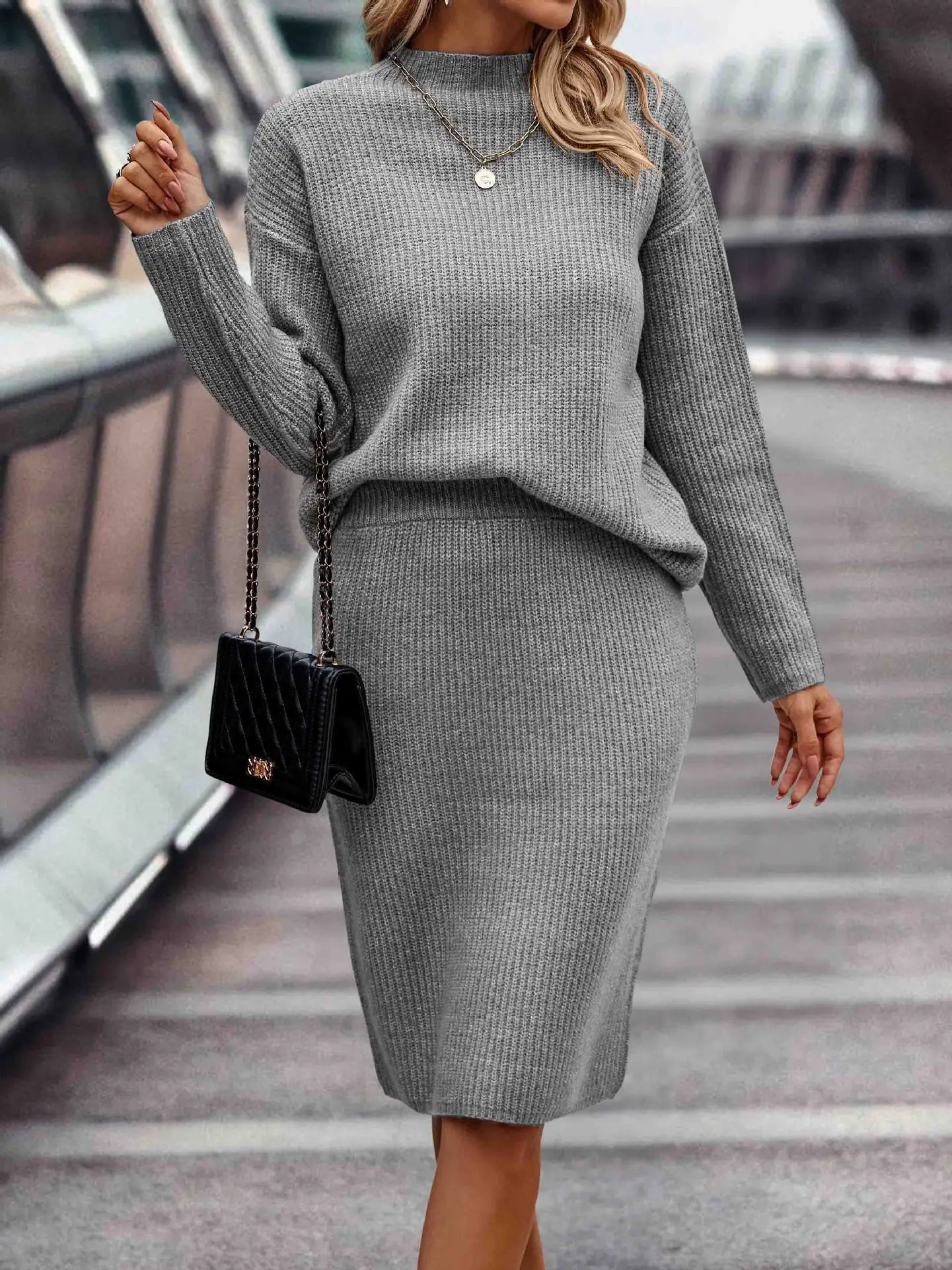 Women's Elegant 2-Piece Knitted Skirt Suit - Loose Fit Split Design with Casual Print for Autumn, Spring, and Winter Fidelia