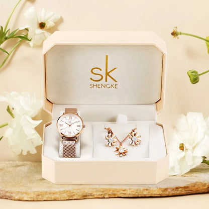 Shengke Women’s Luxury Watch & Jewelry Set – 30mm Quartz Watch with Necklace
