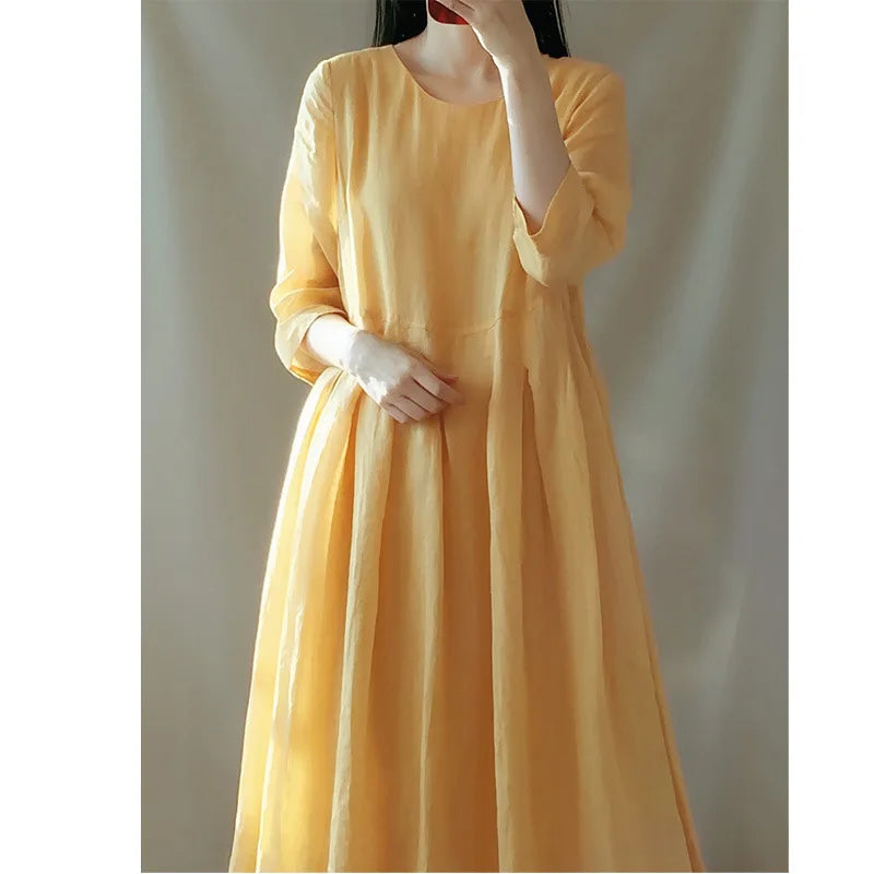 Women's Retro Loose Long Summer Dress - Cotton Linen Half Sleeve Vacation Outfit with O-Neck and Solid Color Design Colleen