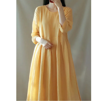 Women's Retro Loose Long Summer Dress - Cotton Linen Half Sleeve Vacation Outfit with O-Neck and Solid Color Design Colleen