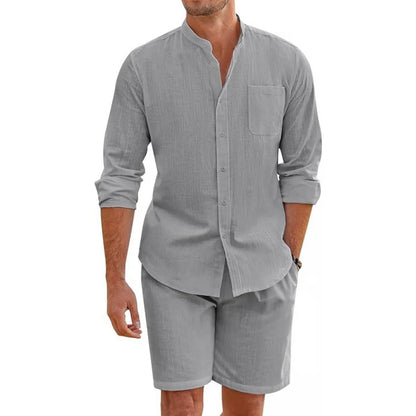 Men Cotton Linen Comfortable Button Shirt Long Sleeve + Shorts Set Simple Two-Piece Set Casual Beach Wear Men's Suits