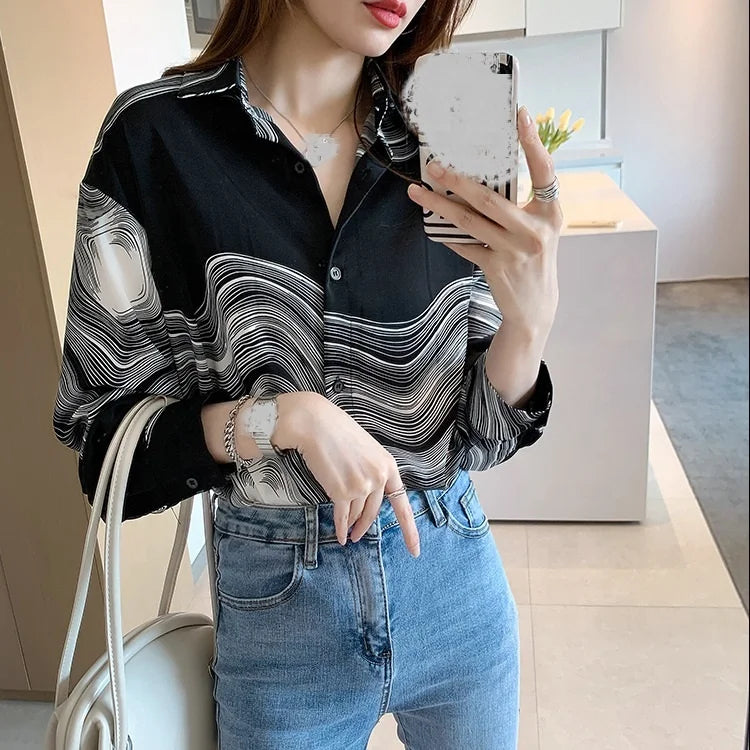 Women's Plus-Size Loose-Fit Printed Long-Sleeve Lapel Shirt – Casual and Stylish New Fashion Linda