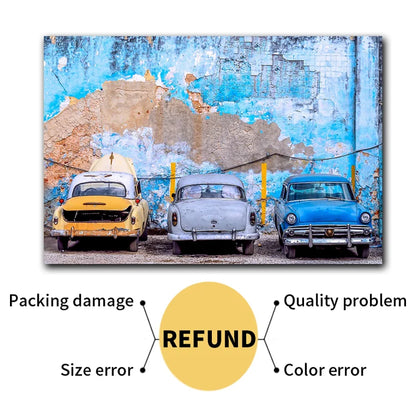 Vintage Car and Blue Wall Canvas Art – Still Life Print for Home, Restaurant Wall Decoration