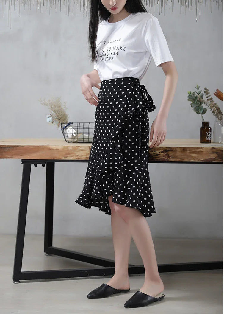 Women Girls Dot Printed Fishtail Skirt Ruffles Irregular Hem Bandage Belt Mermaid Dress Long Skirt