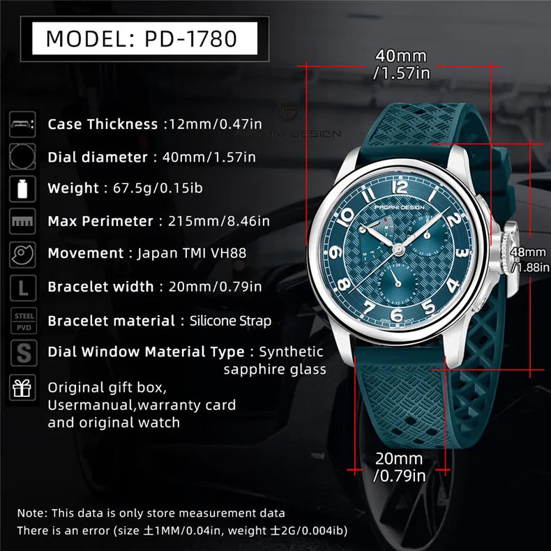 PAGANI DESIGN 1780 Men's Quartz Watch - Sapphire Crystal, Japan Movement, 100M Waterproof, Calendar, Stylish Relogio Masculino