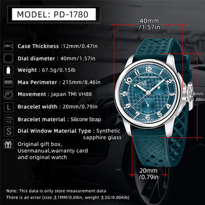 PAGANI DESIGN 1780 Men's Quartz Watch - Sapphire Crystal, Japan Movement, 100M Waterproof, Calendar, Stylish Relogio Masculino