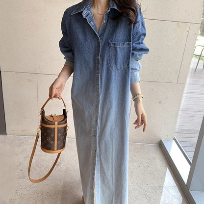 Women's French Style Denim Dress | Gradient Halo Dye, Lapel, Single-Breasted, Loose Long Sleeve Design Diane