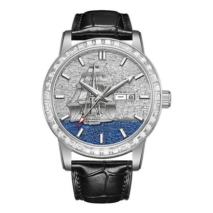 HANBORO Men’s Automatic Mechanical Watch – Smooth Sailing Series, Sailboat Design, Calendar Display Maedric