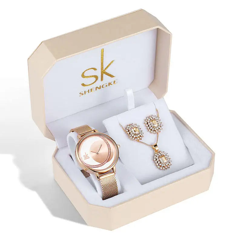 SK Women’s Watch and Bracelet Set – Fashion Bling Jewelry Gift Set with Necklace | Stylish Ladies Wristwatch Set