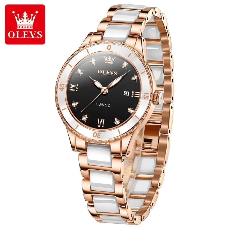 OLEVS 9985 Women’s Quartz Wristwatch – Original Brand Luxury Ceramic & Stainless Steel Waterproof Ladies Watch, Elegant Female Gift (Reloj / Montre Femme)