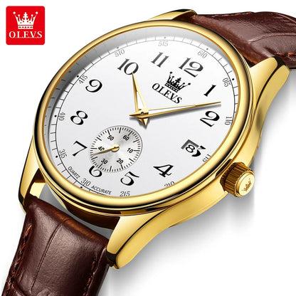 OLEVS 3622 Men's Quartz Watch – Genuine Leather Strap, Luminous Dial, and Date Display Xavier