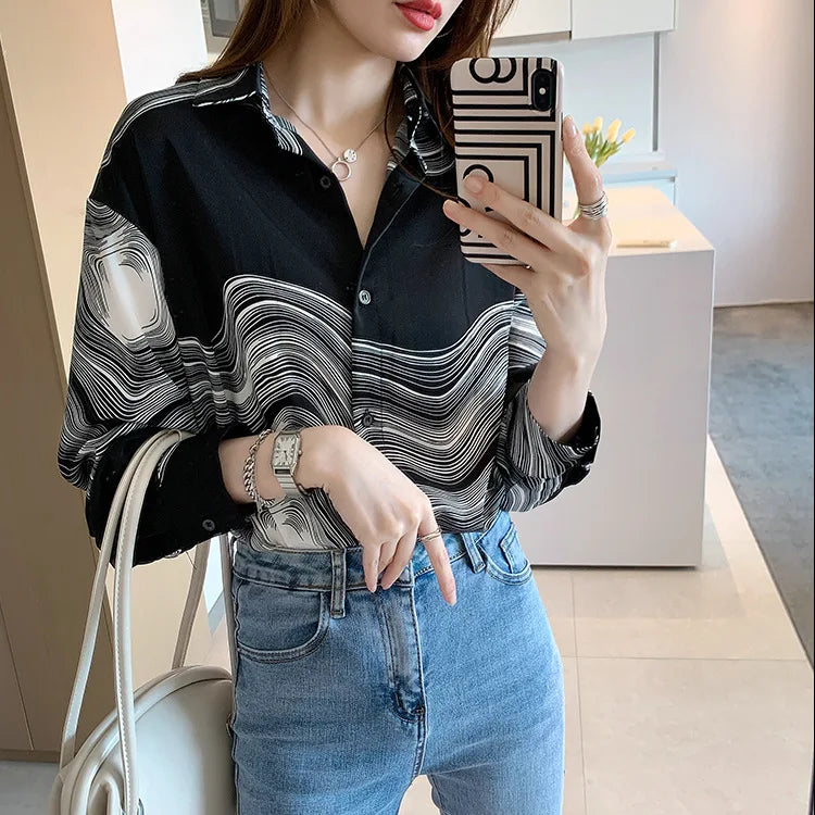 Women's Plus-Size Loose-Fit Printed Long-Sleeve Lapel Shirt – Casual and Stylish New Fashion Linda