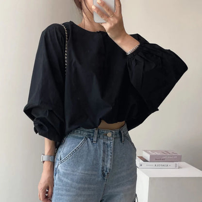Women's Summer French Style Loose Bubble Sleeve Shirt - Round Neck, Solid Color, Casual Sunscreen Top