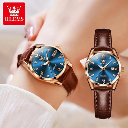 OLEVS 5522 Women's Luxury Wristwatch – Simple Dial, Date Calendar, Leather Strap, Waterproof & Luminous Design Rhoda