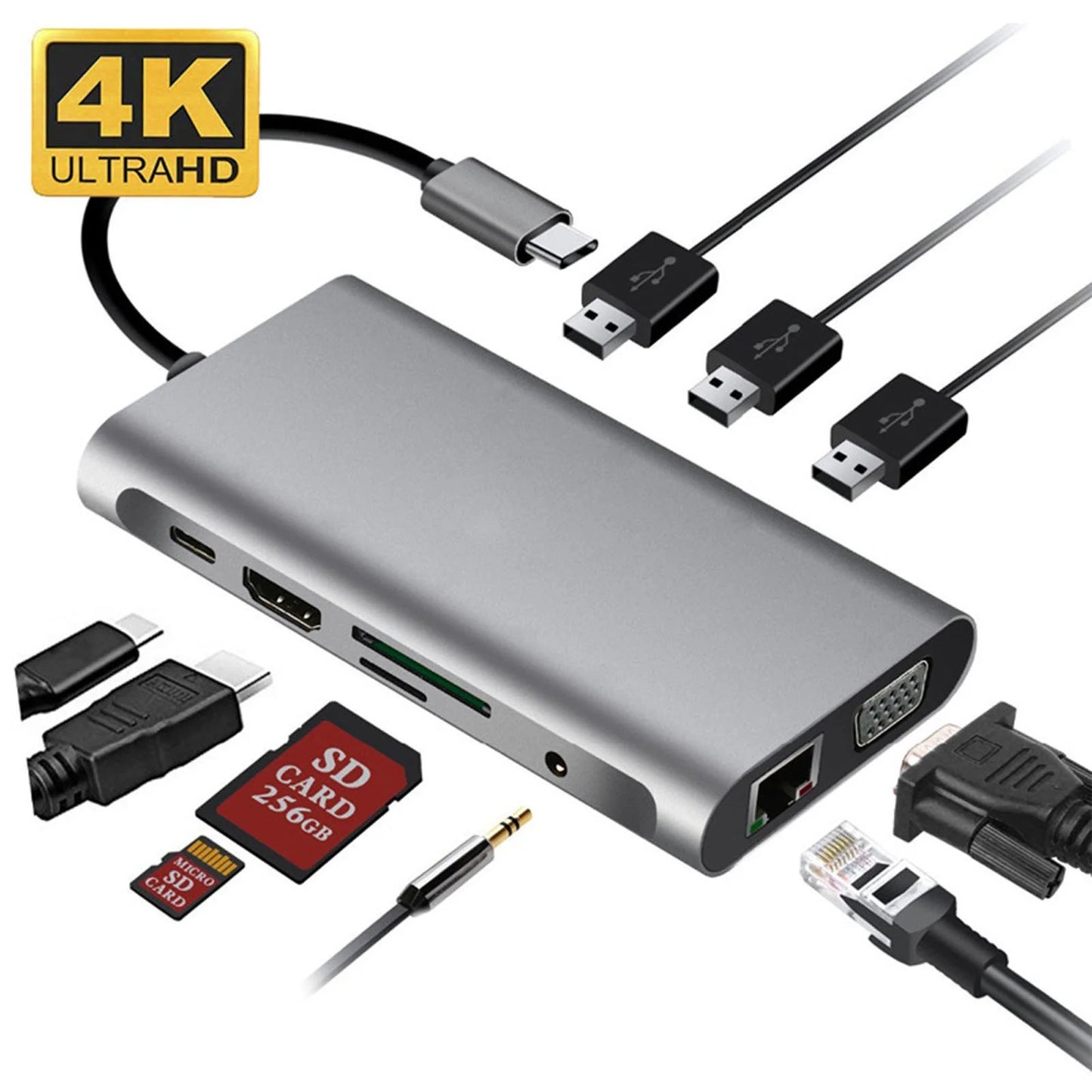 Multifunction 11-in-1 USB-C Hub – 4K 30Hz HDMI Multiport Adapter with 4 USB 3.0 Ports, 3.5mm AUX, and 11-Port Docking Station for Laptops